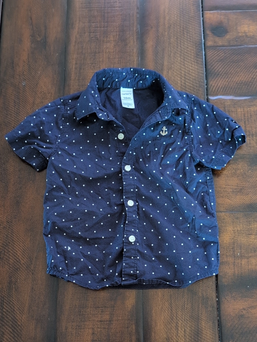 Carter's Navy Blue Short Sleeve Button-Down Shirt with White Polka Dots